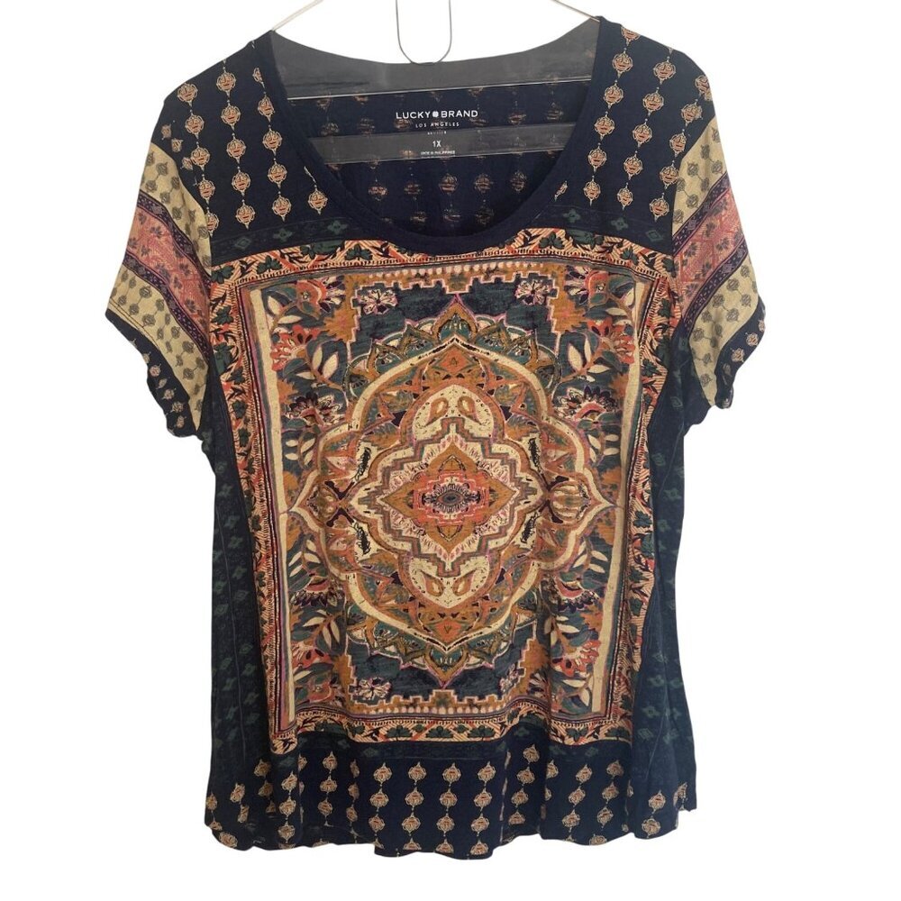 Lucky Brand Persian Carpet Tee Womens 1X Navy Blue Cotton Blend Boho Festival
